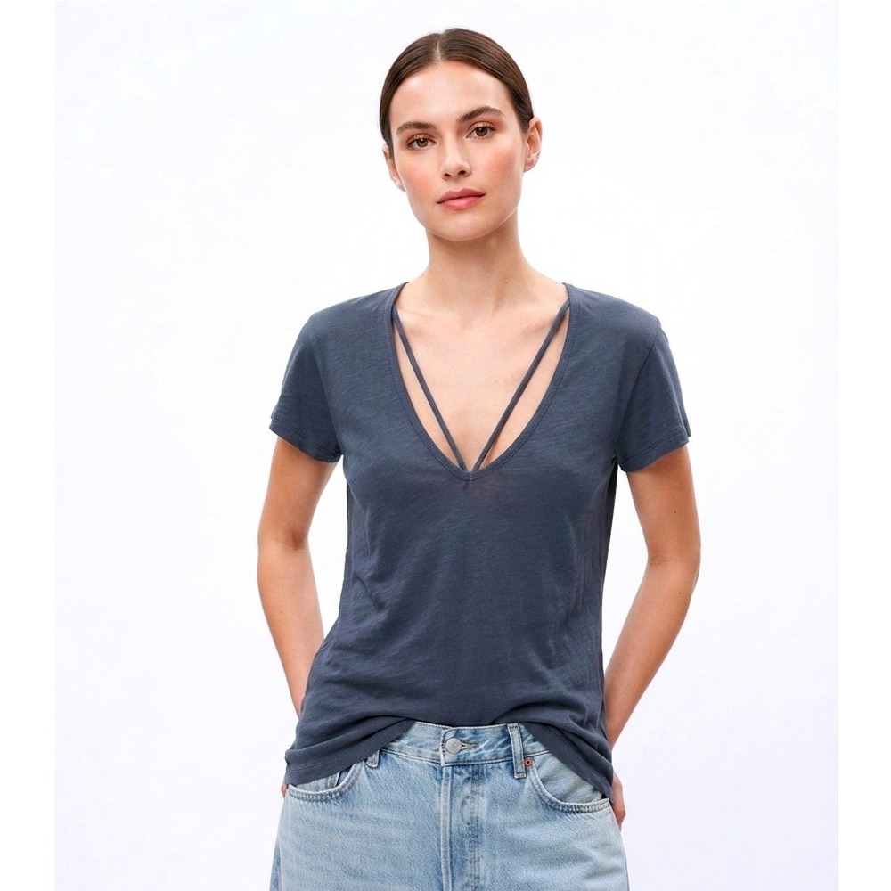 LNA Deep V Strap Tee Short Sleeve Cotton Slub T-Shirt Gray Blue Extra Small